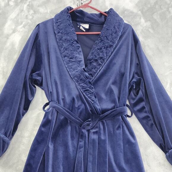 Vintage 80s Amanda Stewart Embroidered Velvet Long Wrap Robe Size M Blue Pockets - Picture 2 of 9
